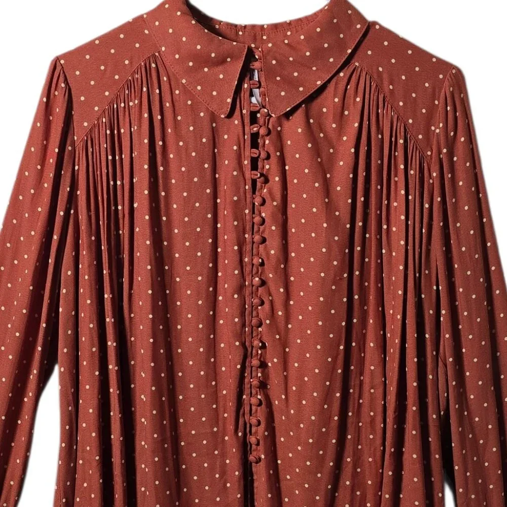 Free People Rust Polka Dot Blouse Small Romantic Boho Ruffle Button Top - Picture 2 of 11